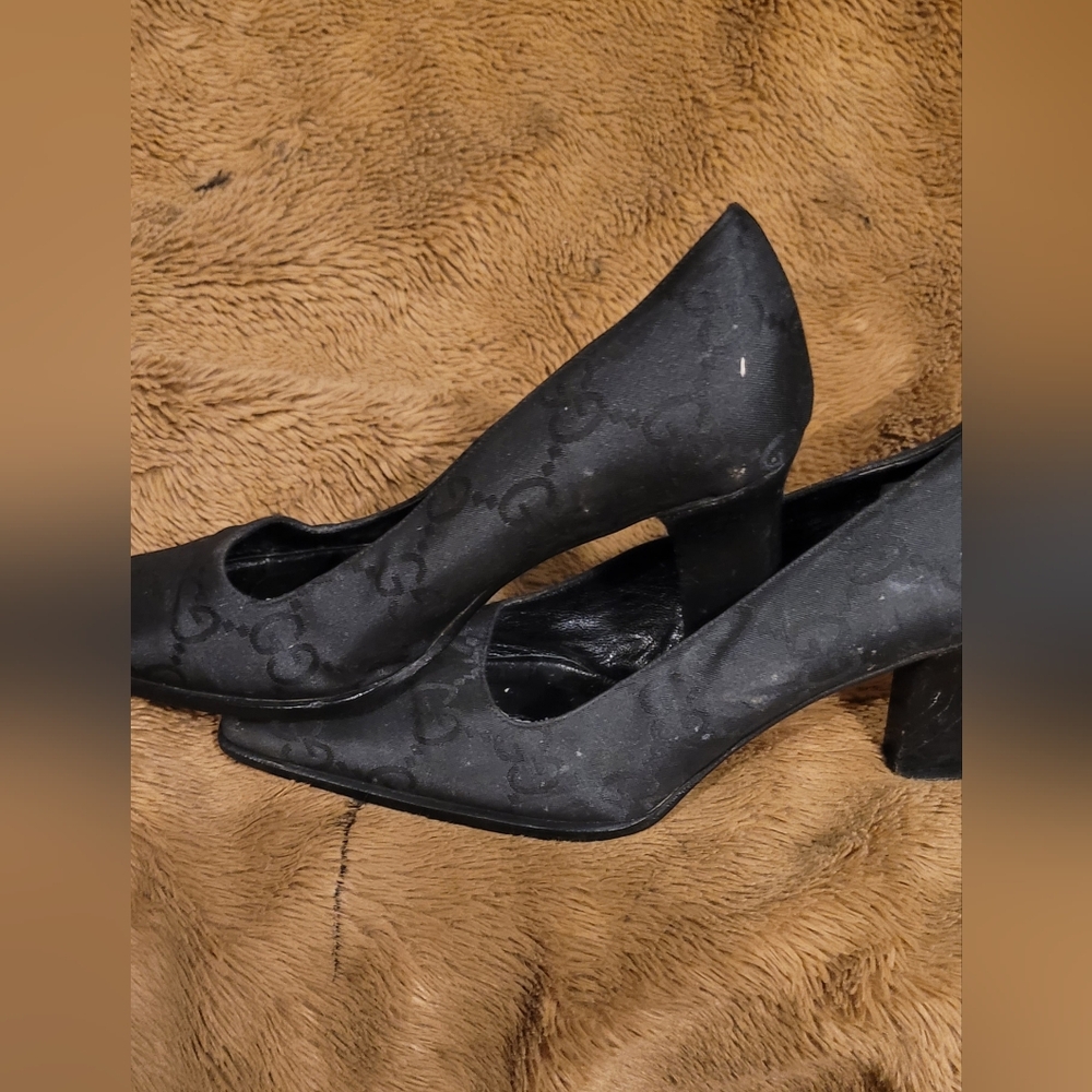 Gucci WOMEN CLOTH LEATHER BLACK CHUNKY Black Heels AUTHENTIC - Picture 7 of 13